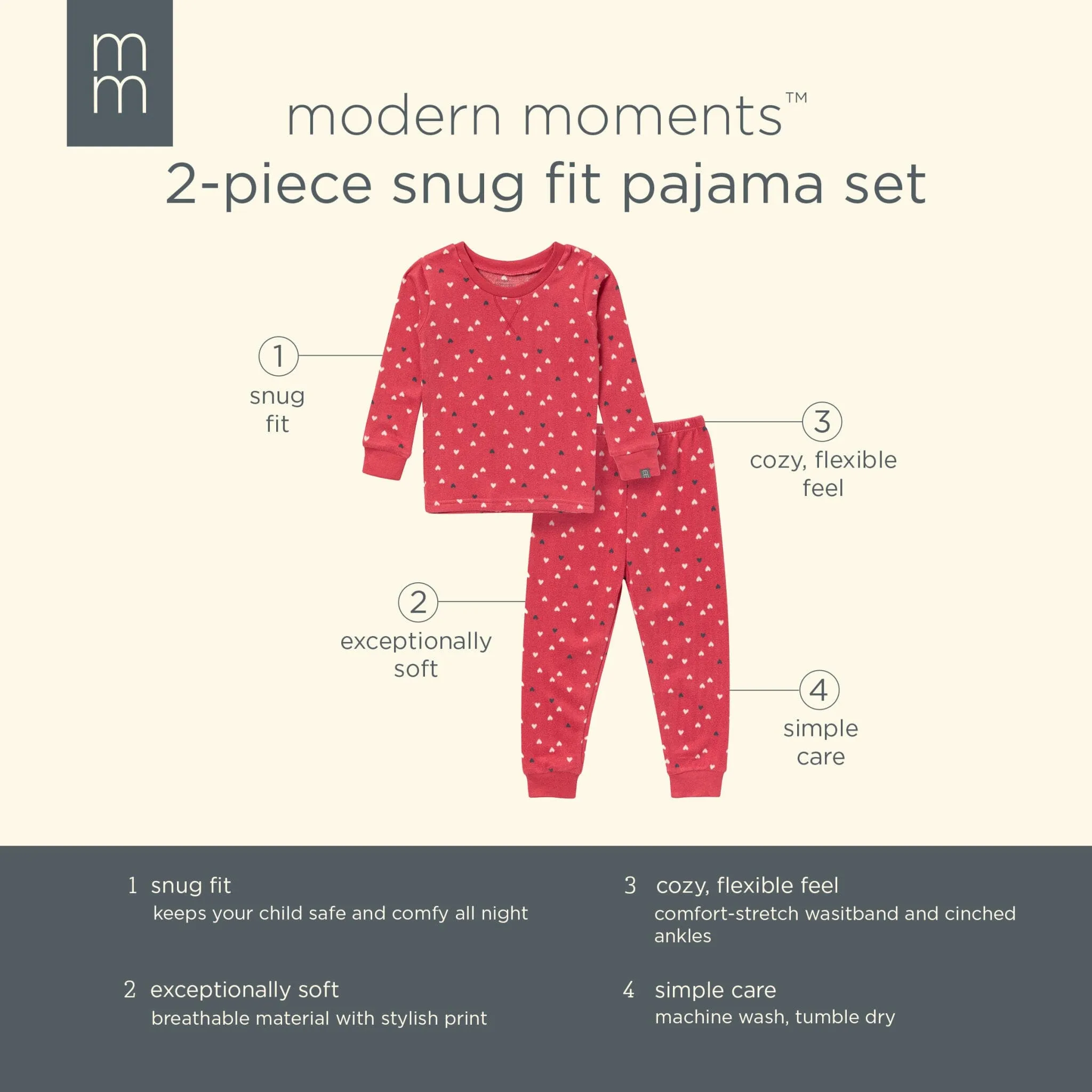 2-Piece Infant and Toddler Neutral Red Hearts Snug Fitting Pajamas