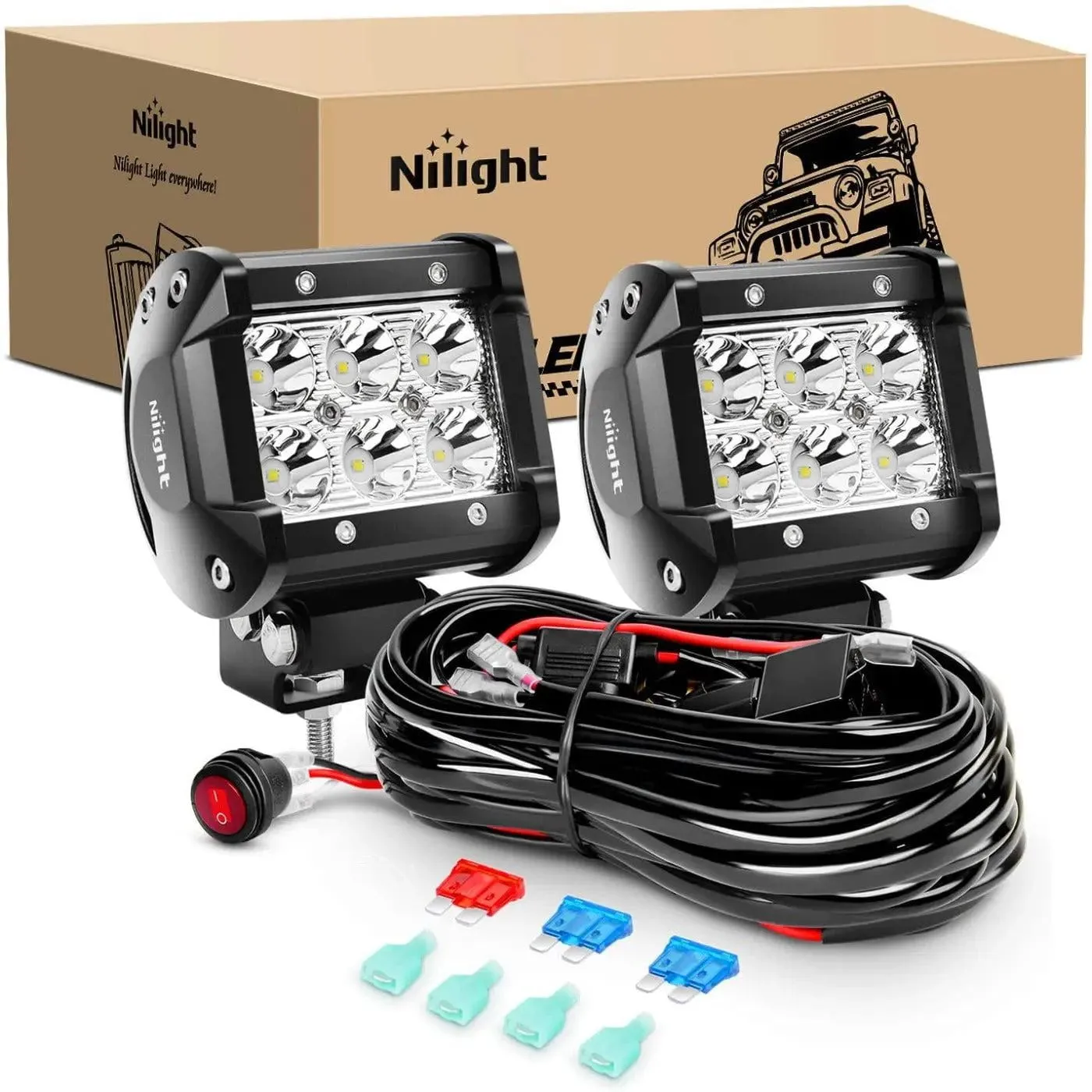 4 Inch 18W Double Row Spot LED Pods (Pair) | 16AWG Wire 3Pin Switch