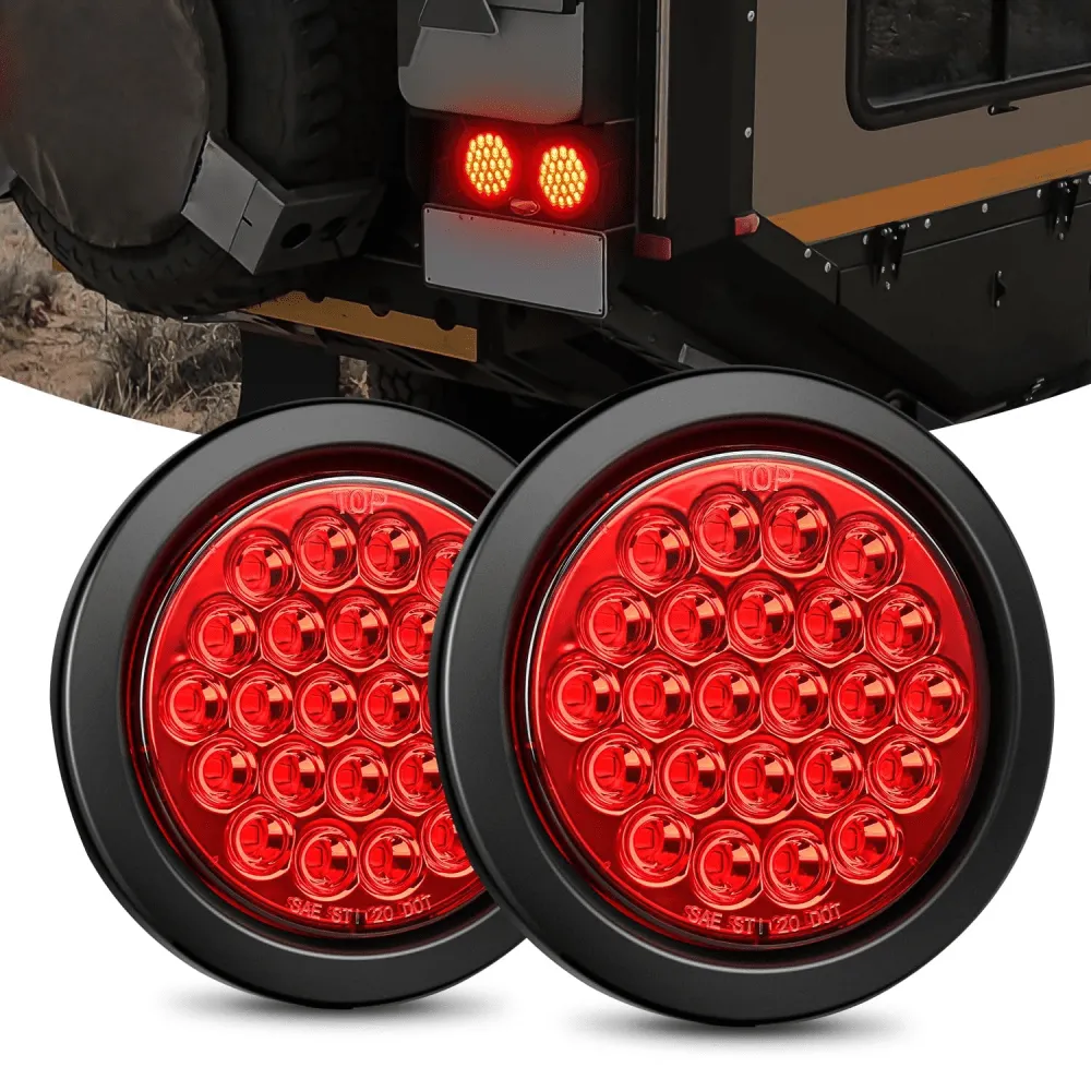 4 Inch Red Round 24Leds Tail Light Flush Mount Grommets 2Pcs