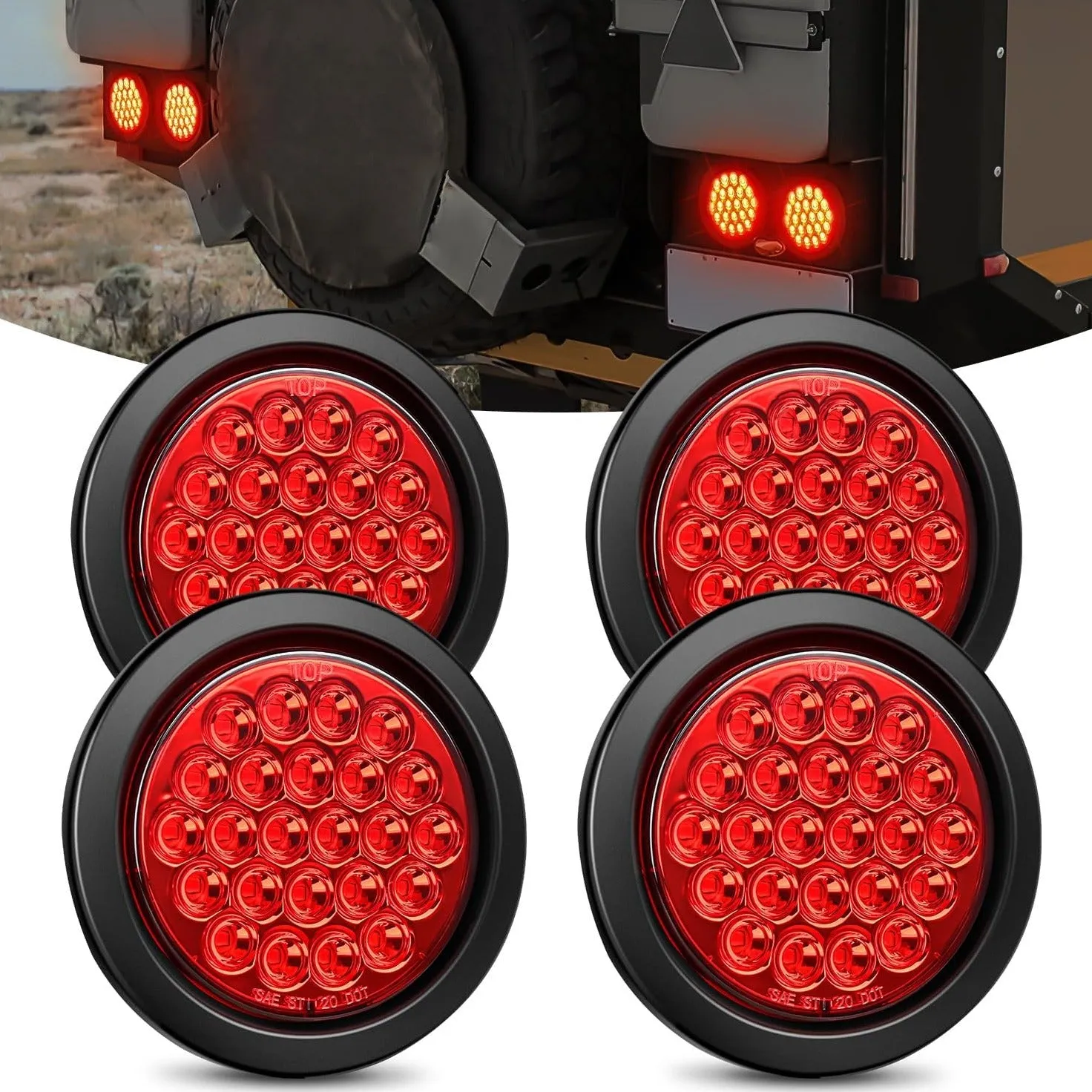4 Inch Red Round 24Leds Tail Light Flush Mount Grommets 4Pcs