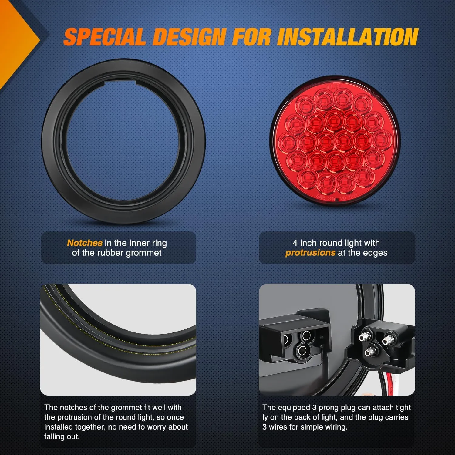 4 Inch Red Round 24Leds Tail Light Flush Mount Grommets 4Pcs