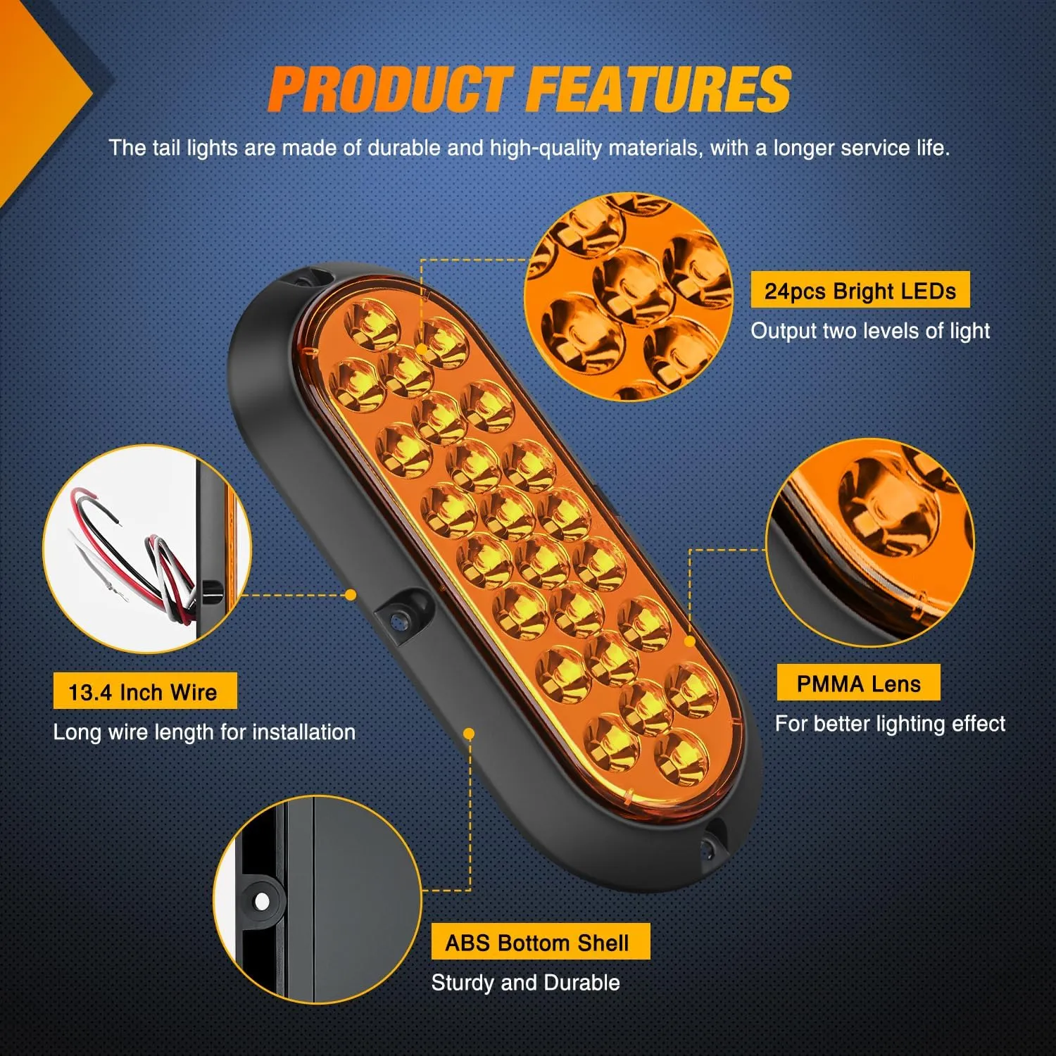 6 Inch Oval Amber 24Leds Trailer Tail Lights 2Pcs