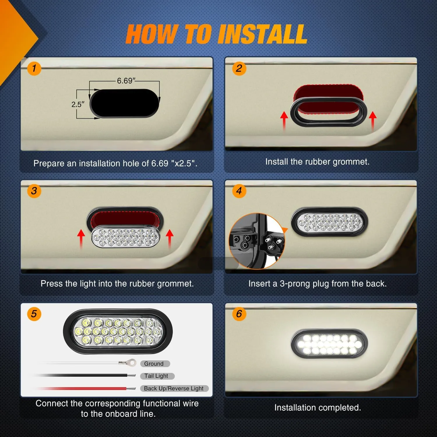 6 Inch Oval White 24Leds Trailer Tail Lights (Pair)