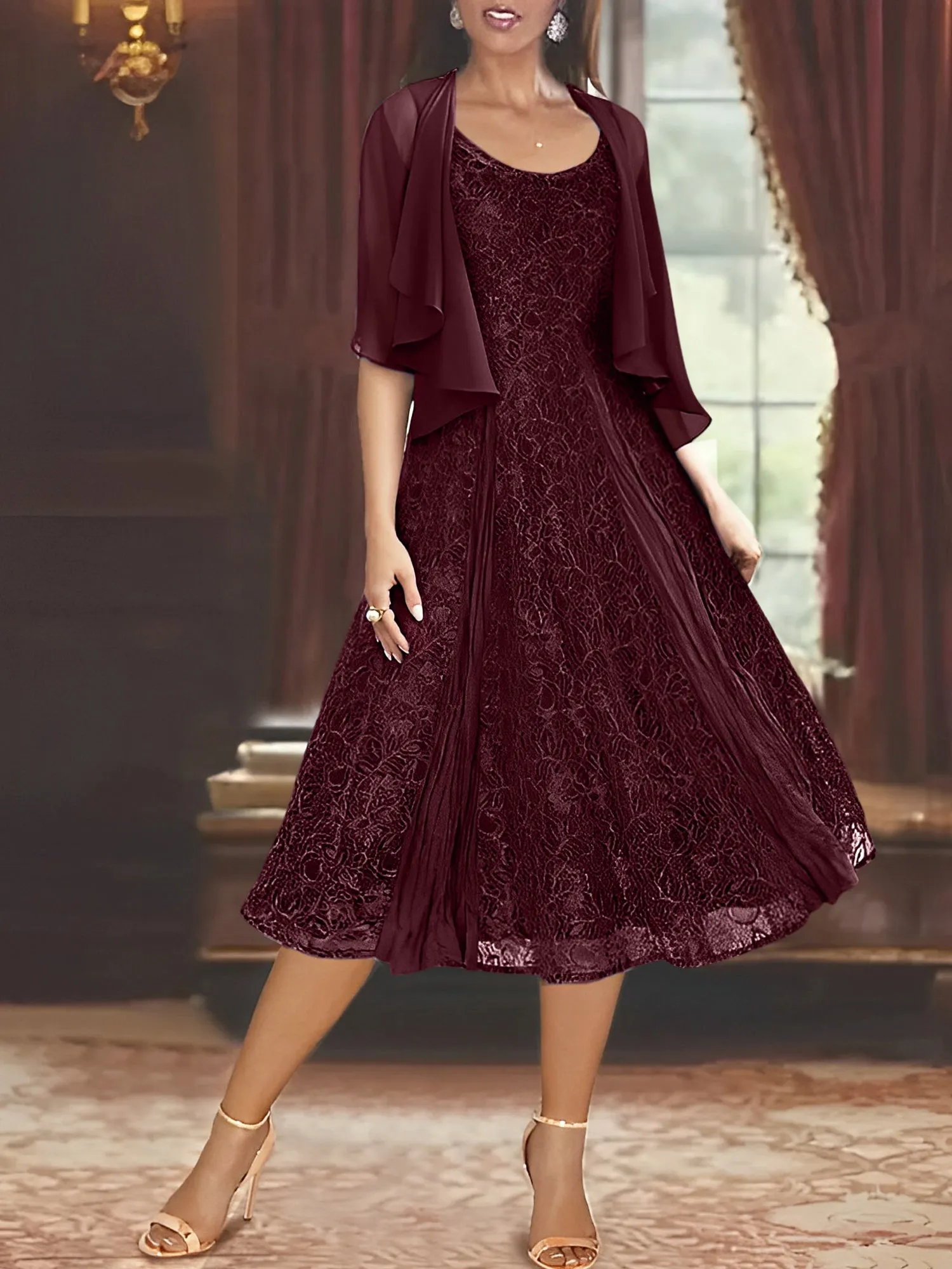 A-Line/Princess Scoop Half Sleeves Tea-Length Mother of the Bride Dresses with Appliques & Jackets
