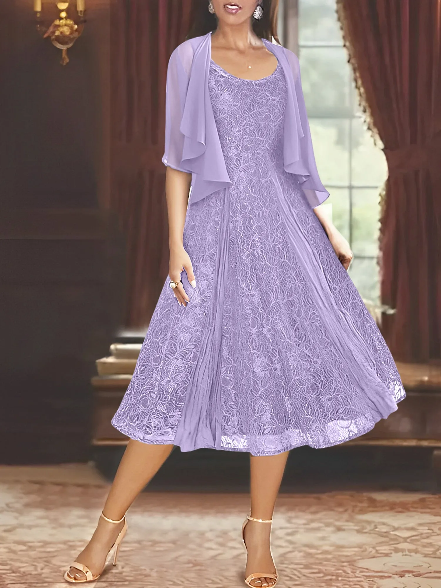 A-Line/Princess Scoop Half Sleeves Tea-Length Mother of the Bride Dresses with Appliques & Jackets