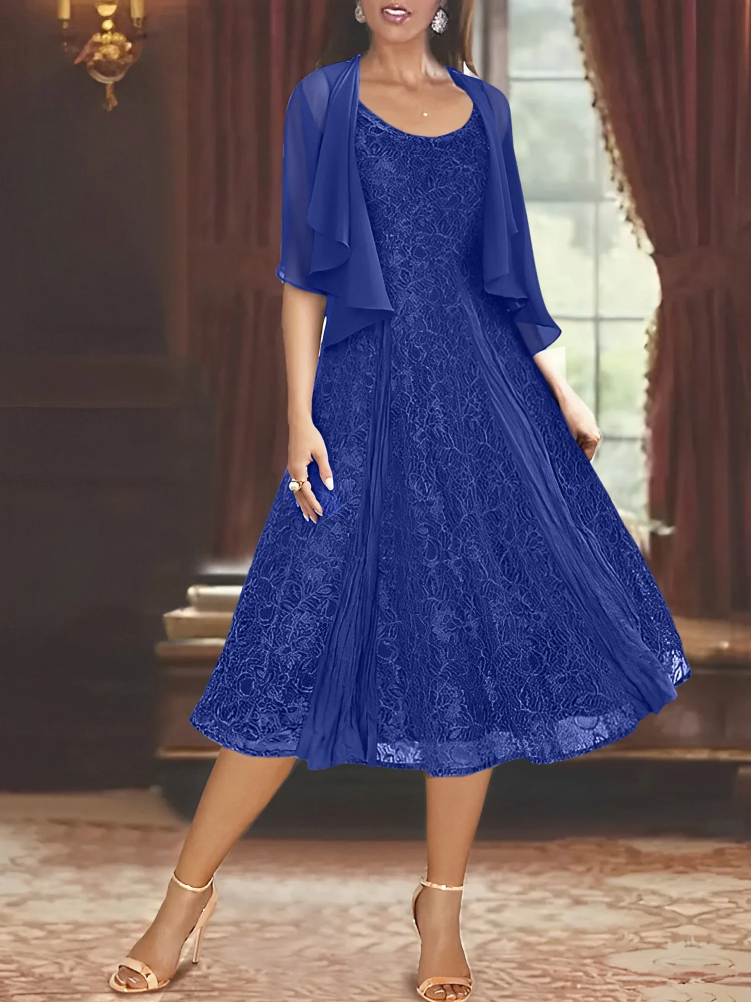 A-Line/Princess Scoop Half Sleeves Tea-Length Mother of the Bride Dresses with Appliques & Jackets