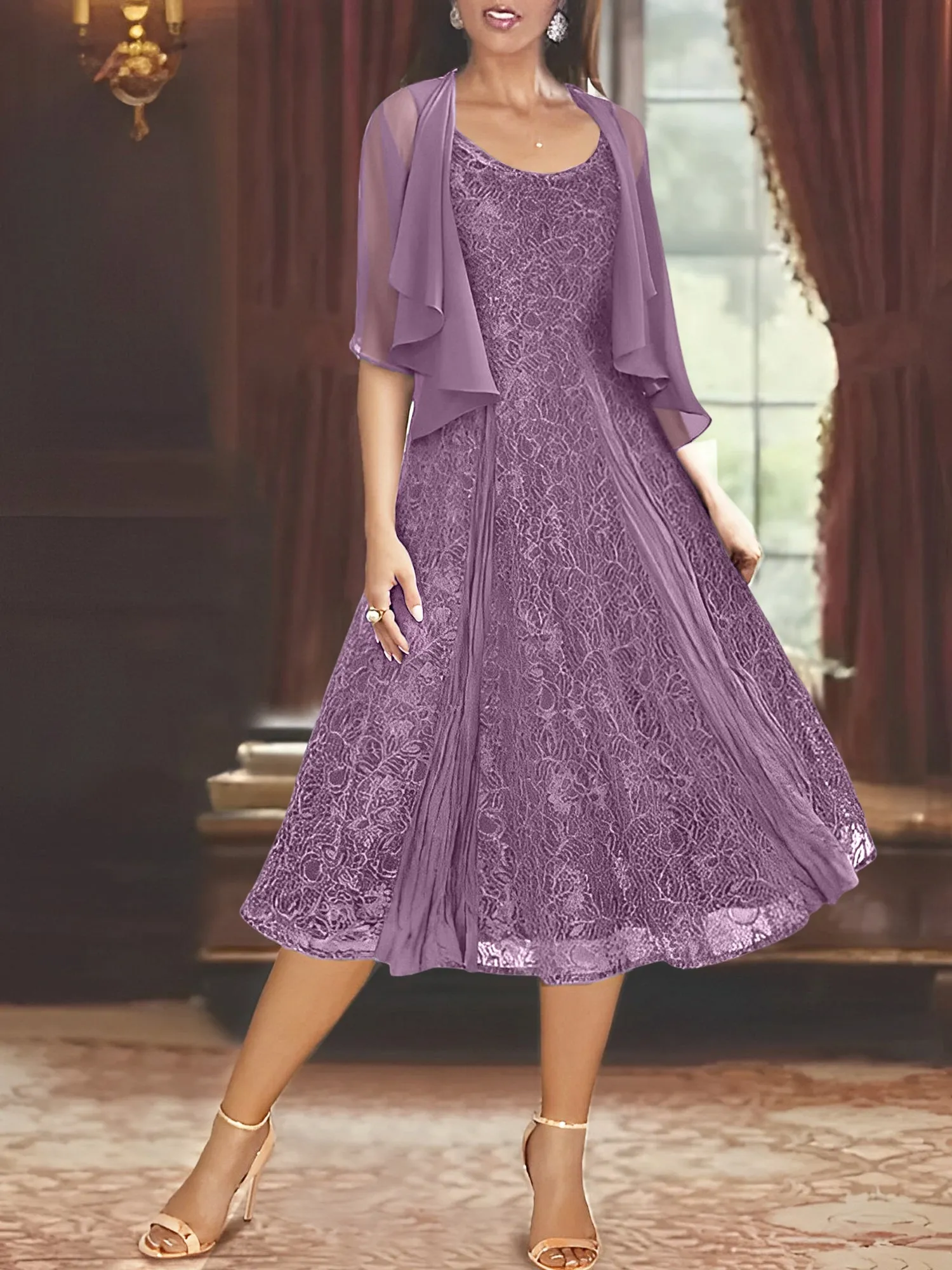 A-Line/Princess Scoop Half Sleeves Tea-Length Mother of the Bride Dresses with Appliques & Jackets