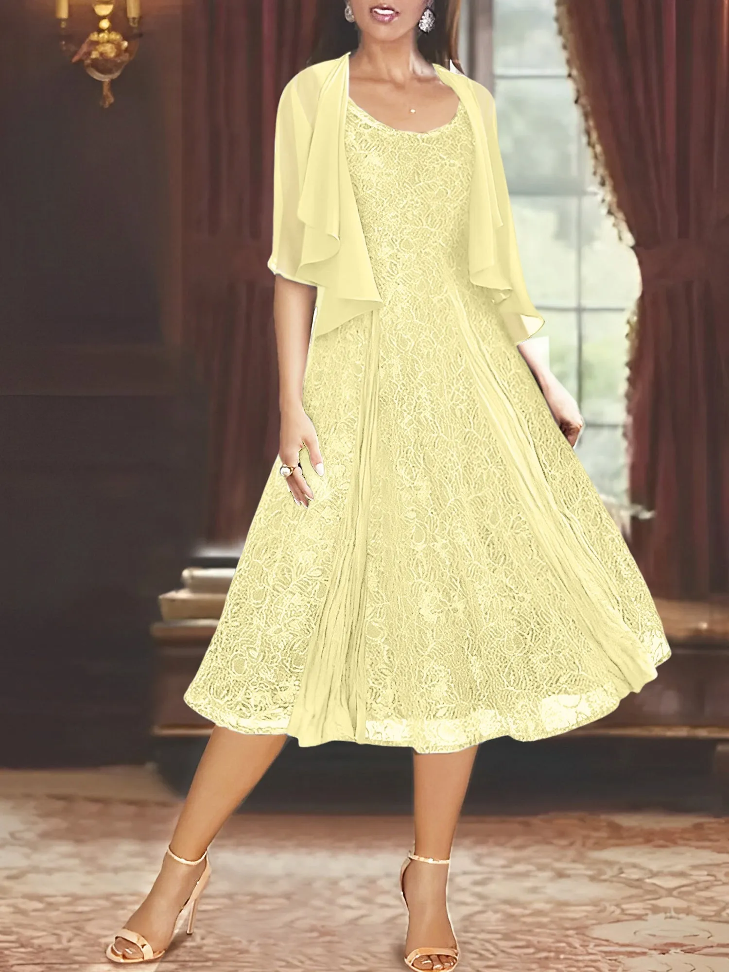 A-Line/Princess Scoop Half Sleeves Tea-Length Mother of the Bride Dresses with Appliques & Jackets