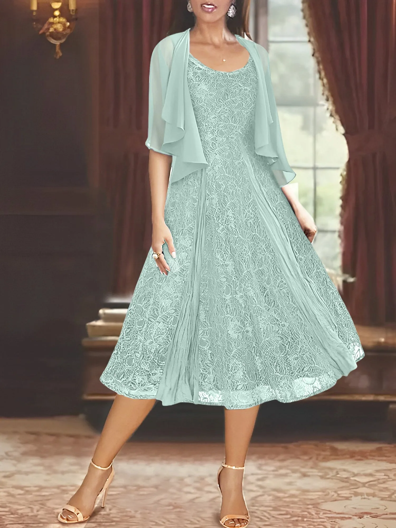 A-Line/Princess Scoop Half Sleeves Tea-Length Mother of the Bride Dresses with Appliques & Jackets