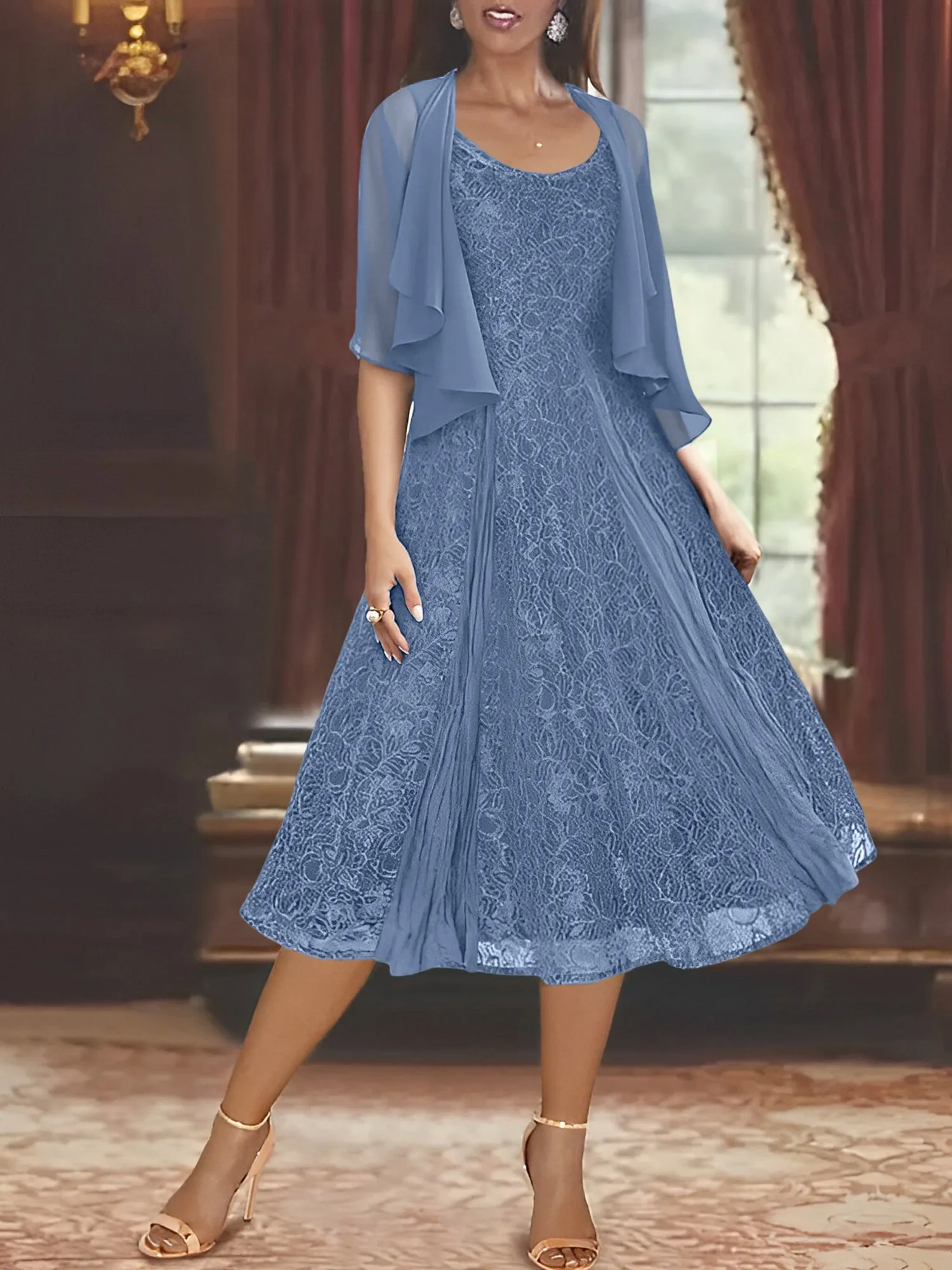 A-Line/Princess Scoop Half Sleeves Tea-Length Mother of the Bride Dresses with Appliques & Jackets