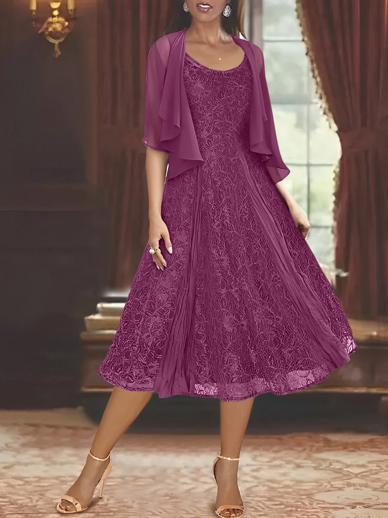 A-Line/Princess Scoop Half Sleeves Tea-Length Mother of the Bride Dresses with Appliques & Jackets