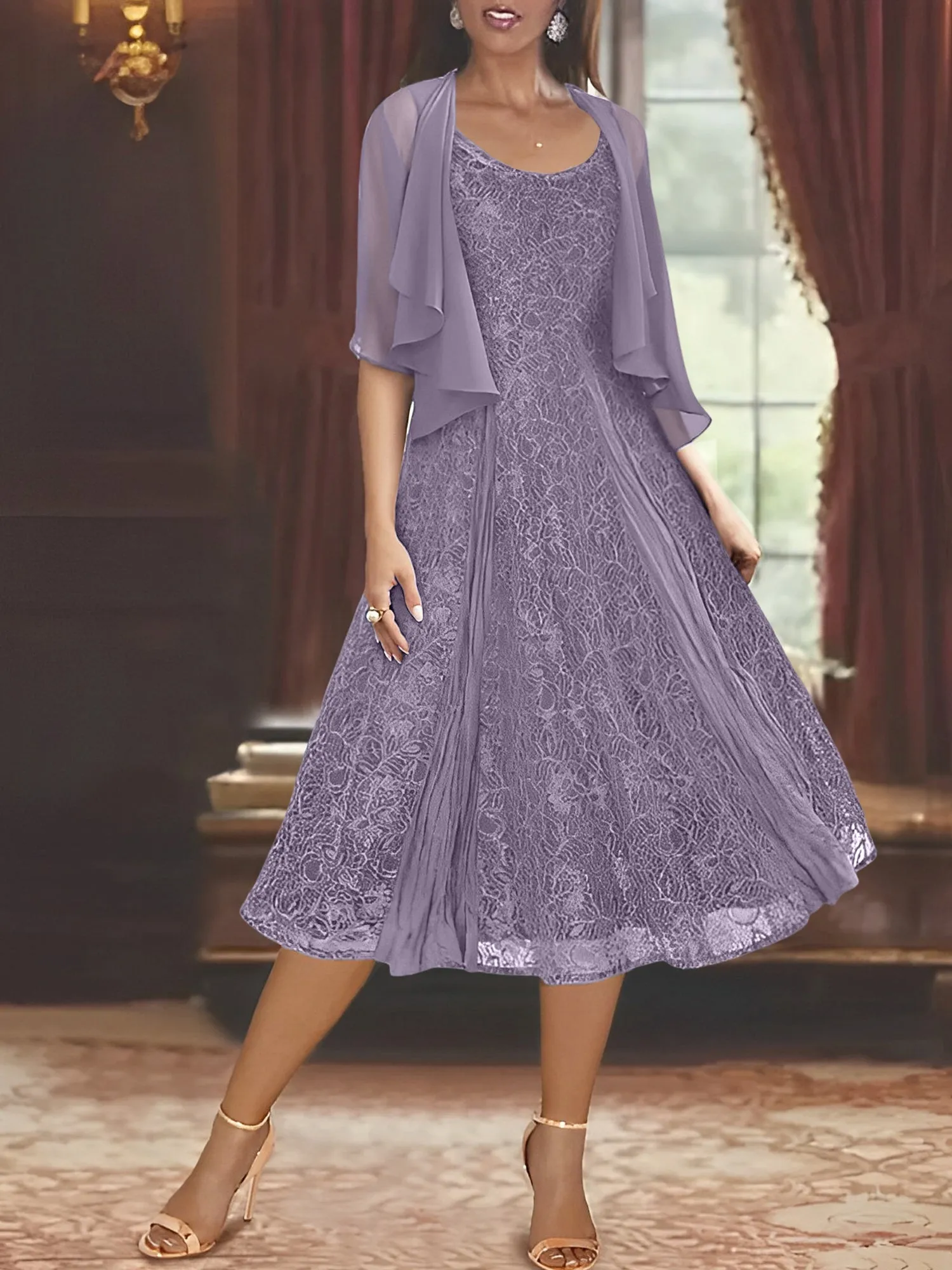 A-Line/Princess Scoop Half Sleeves Tea-Length Mother of the Bride Dresses with Appliques & Jackets