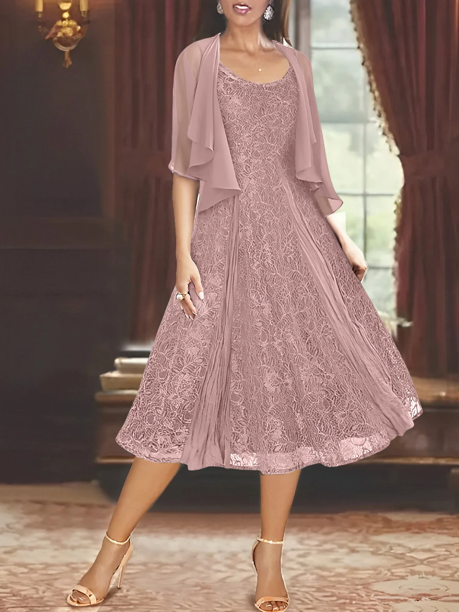 A-Line/Princess Scoop Half Sleeves Tea-Length Mother of the Bride Dresses with Appliques & Jackets