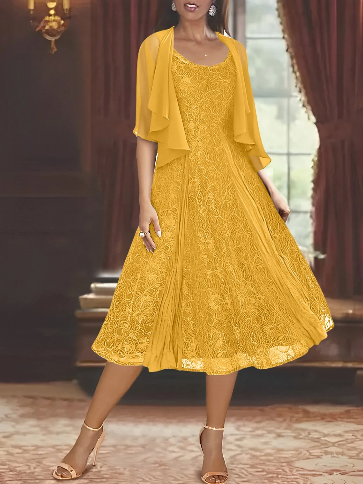 A-Line/Princess Scoop Half Sleeves Tea-Length Mother of the Bride Dresses with Appliques & Jackets
