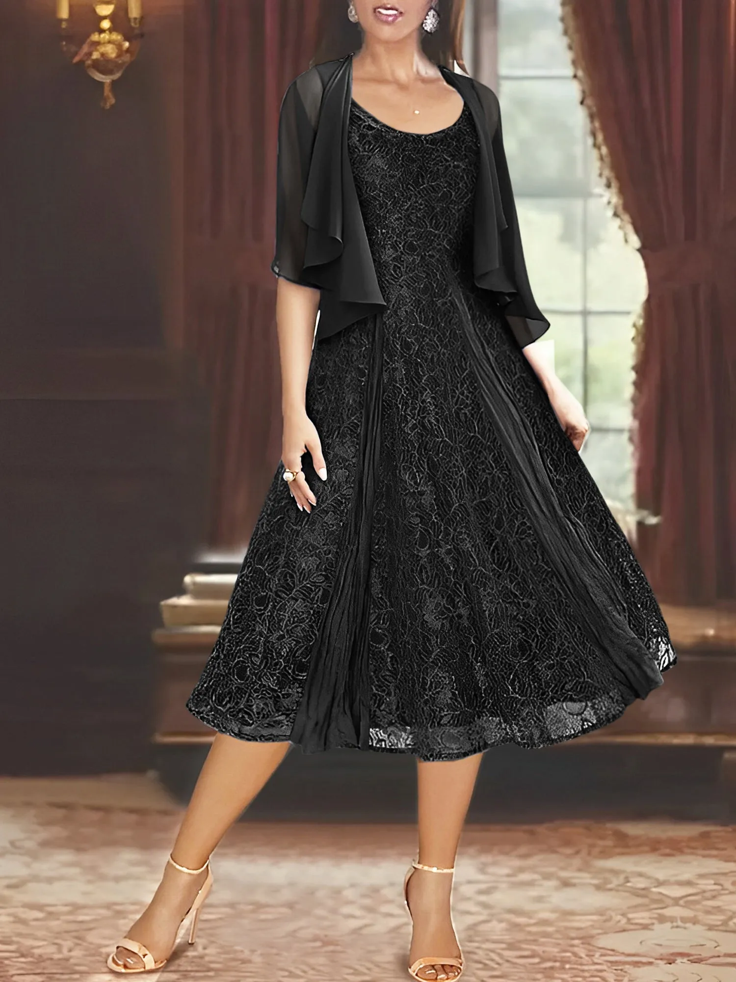 A-Line/Princess Scoop Half Sleeves Tea-Length Mother of the Bride Dresses with Appliques & Jackets