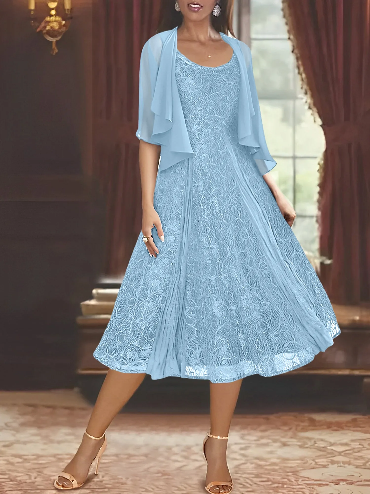 A-Line/Princess Scoop Half Sleeves Tea-Length Mother of the Bride Dresses with Appliques & Jackets