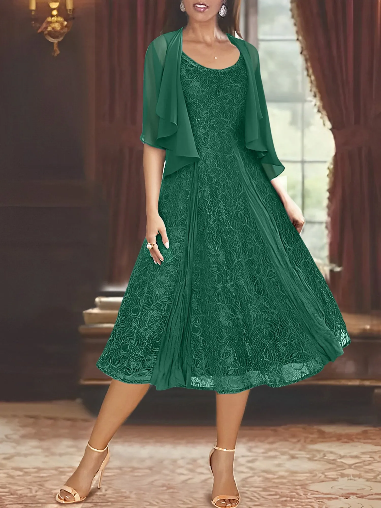 A-Line/Princess Scoop Half Sleeves Tea-Length Mother of the Bride Dresses with Appliques & Jackets