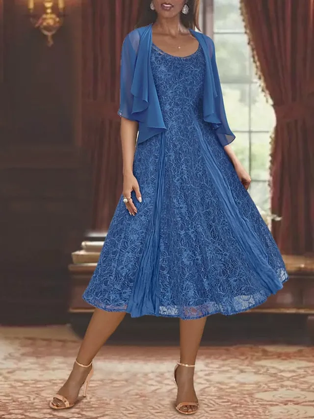A-Line/Princess Scoop Half Sleeves Tea-Length Mother of the Bride Dresses with Appliques & Jackets