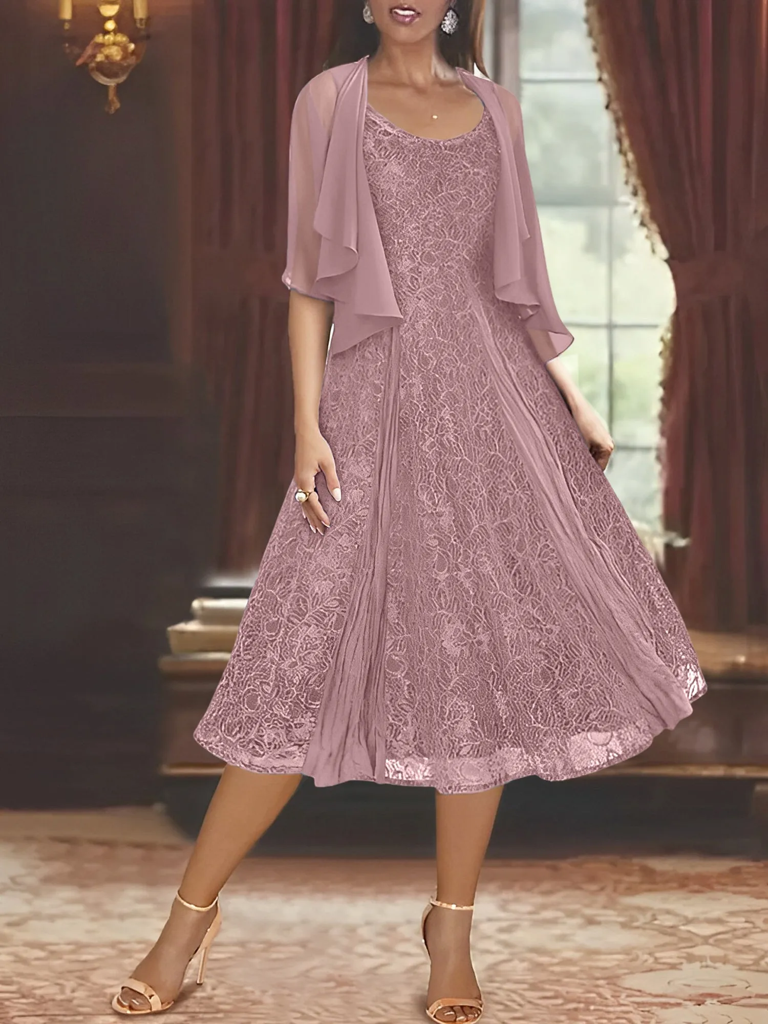 A-Line/Princess Scoop Half Sleeves Tea-Length Mother of the Bride Dresses with Appliques & Jackets