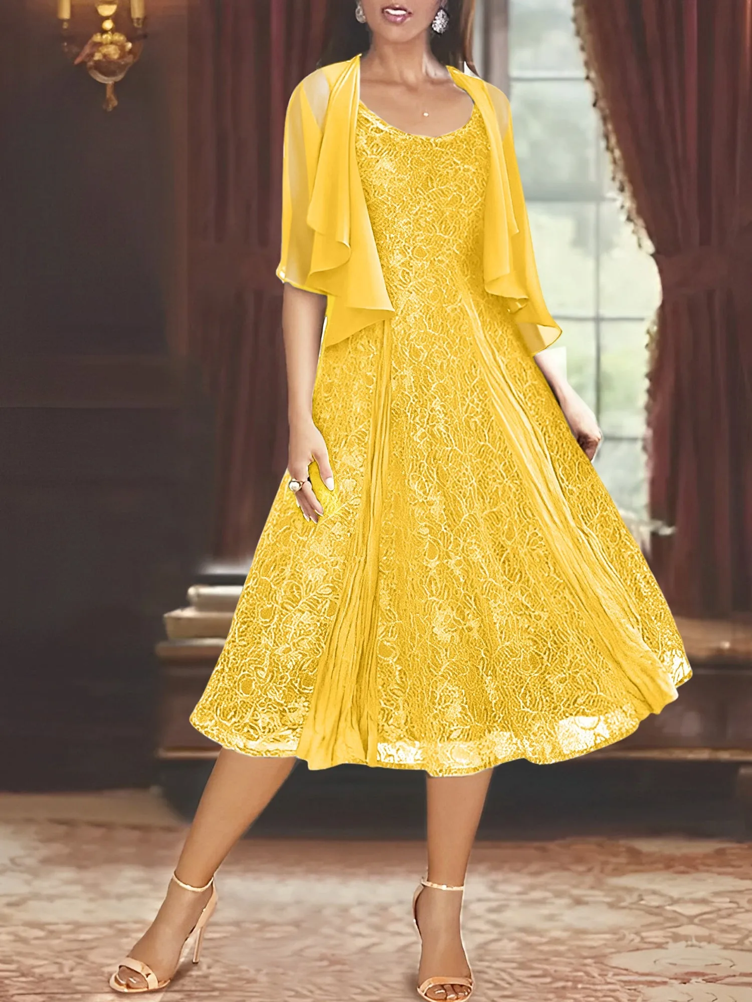 A-Line/Princess Scoop Half Sleeves Tea-Length Mother of the Bride Dresses with Appliques & Jackets