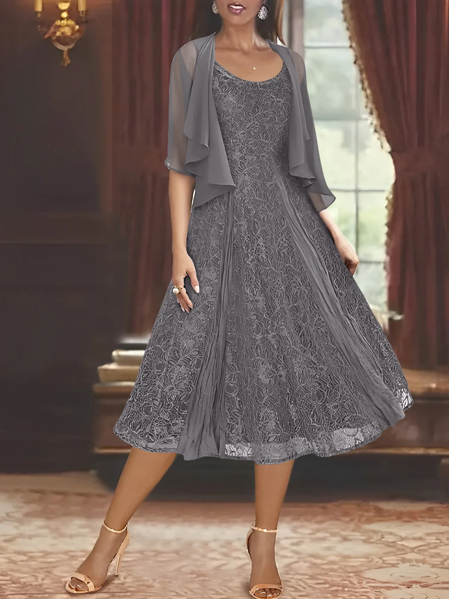 A-Line/Princess Scoop Half Sleeves Tea-Length Mother of the Bride Dresses with Appliques & Jackets