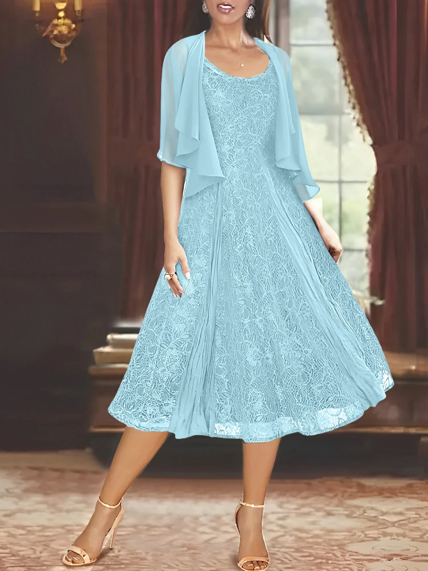 A-Line/Princess Scoop Half Sleeves Tea-Length Mother of the Bride Dresses with Appliques & Jackets