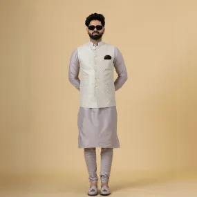 Alluring Mocha Brown Thread Embroidered Silk Half Jodhpuri Jacket with Lilac Kurta-Pajama for Men