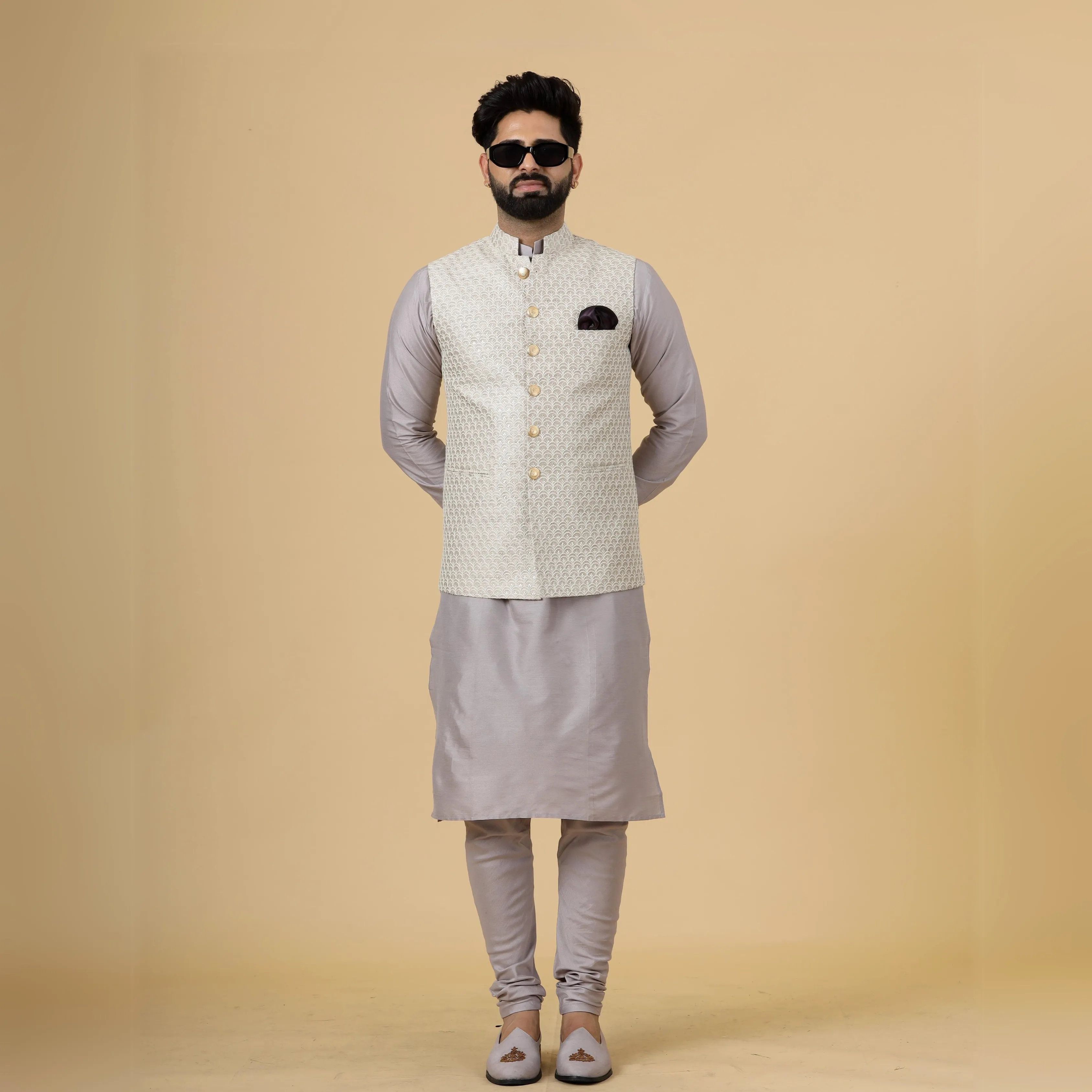 Alluring Mocha Brown Thread Embroidered Silk Half Jodhpuri Jacket with Lilac Kurta-Pajama for Men