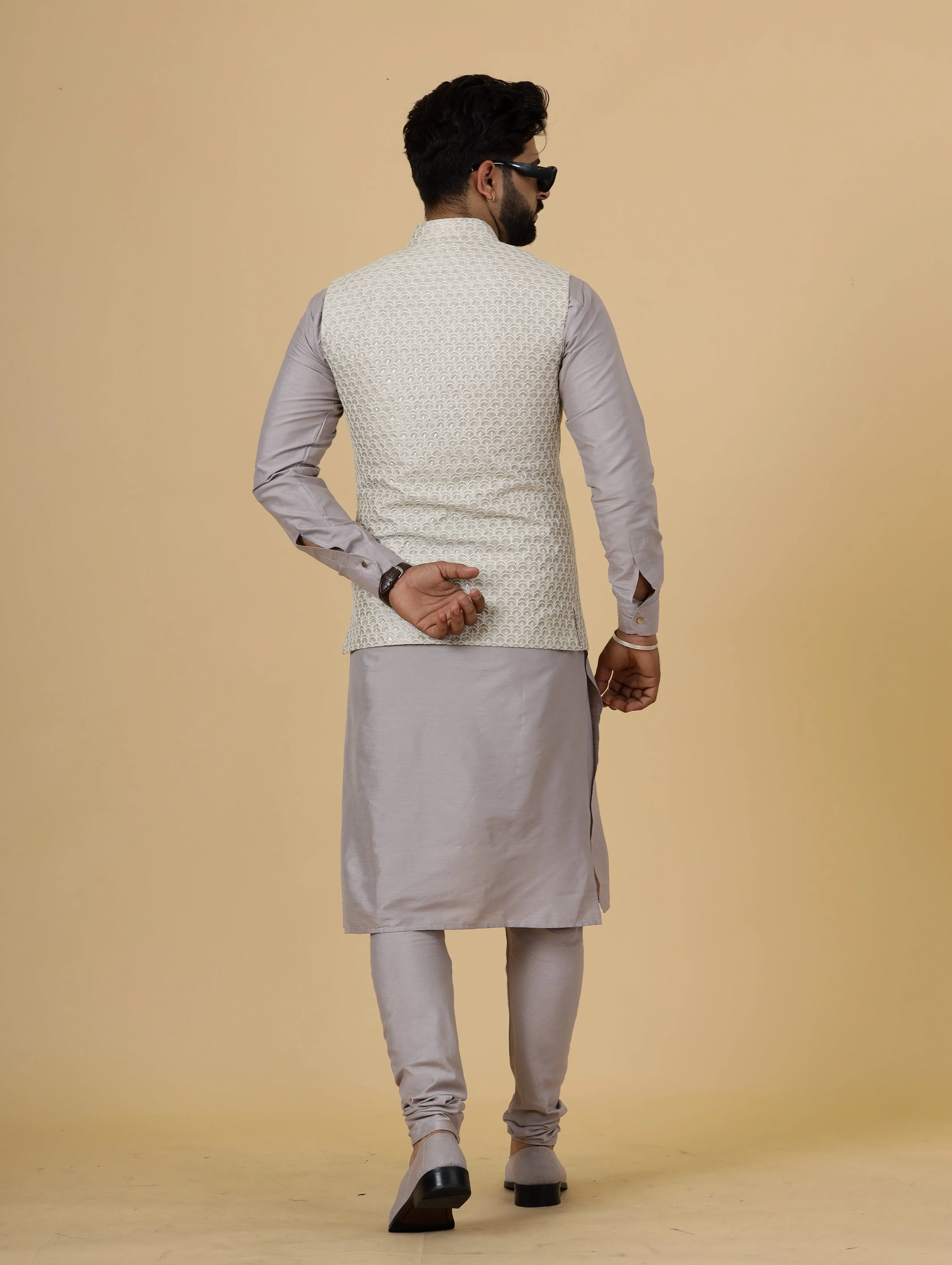 Alluring Mocha Brown Thread Embroidered Silk Half Jodhpuri Jacket with Lilac Kurta-Pajama for Men