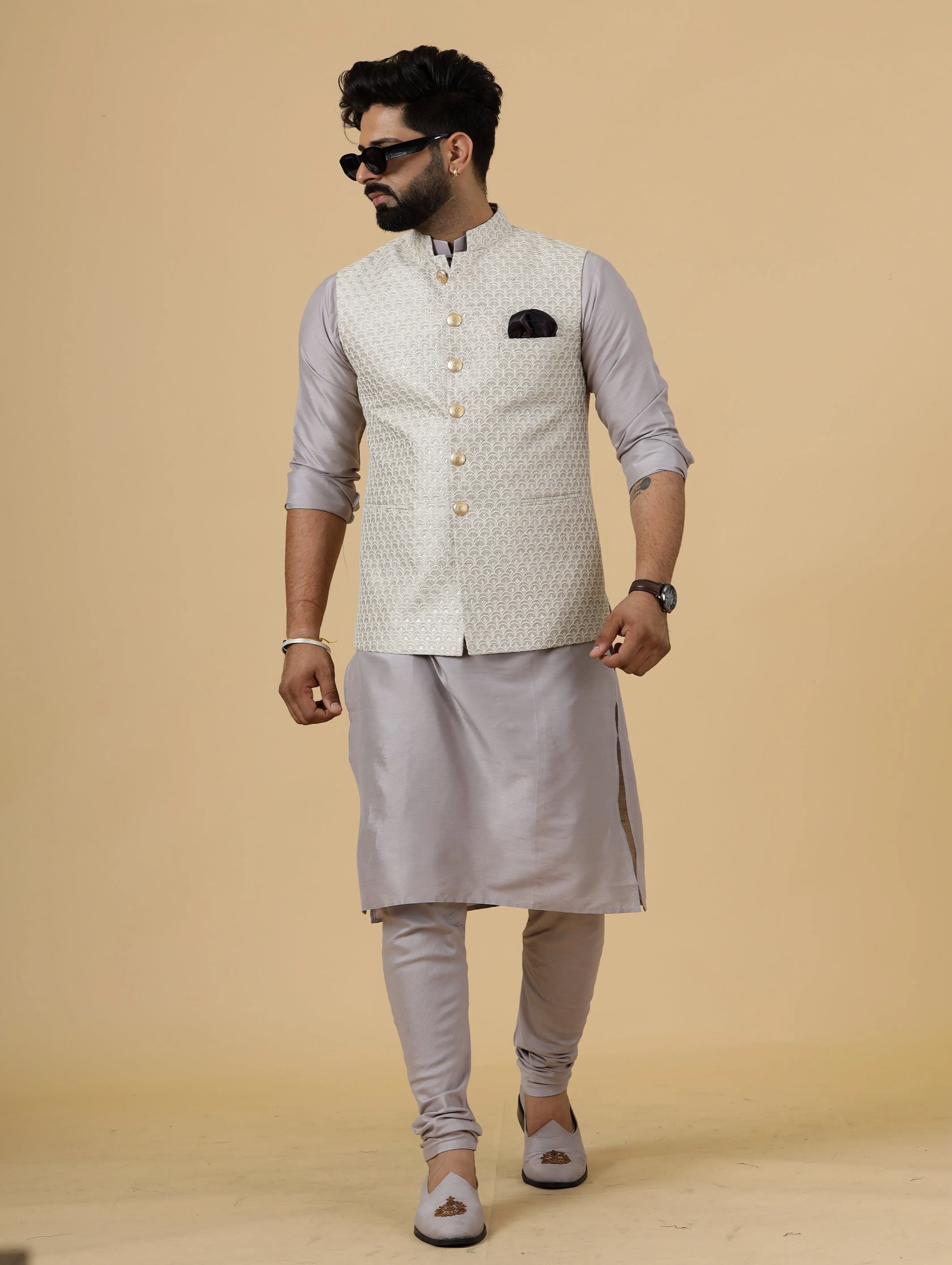Alluring Mocha Brown Thread Embroidered Silk Half Jodhpuri Jacket with Lilac Kurta-Pajama for Men