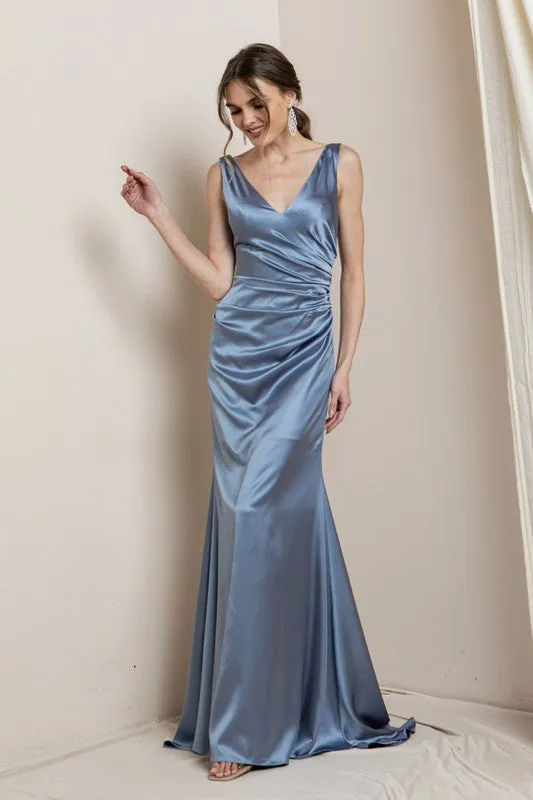 Blue V Neck Satin Maxi Evening Dress