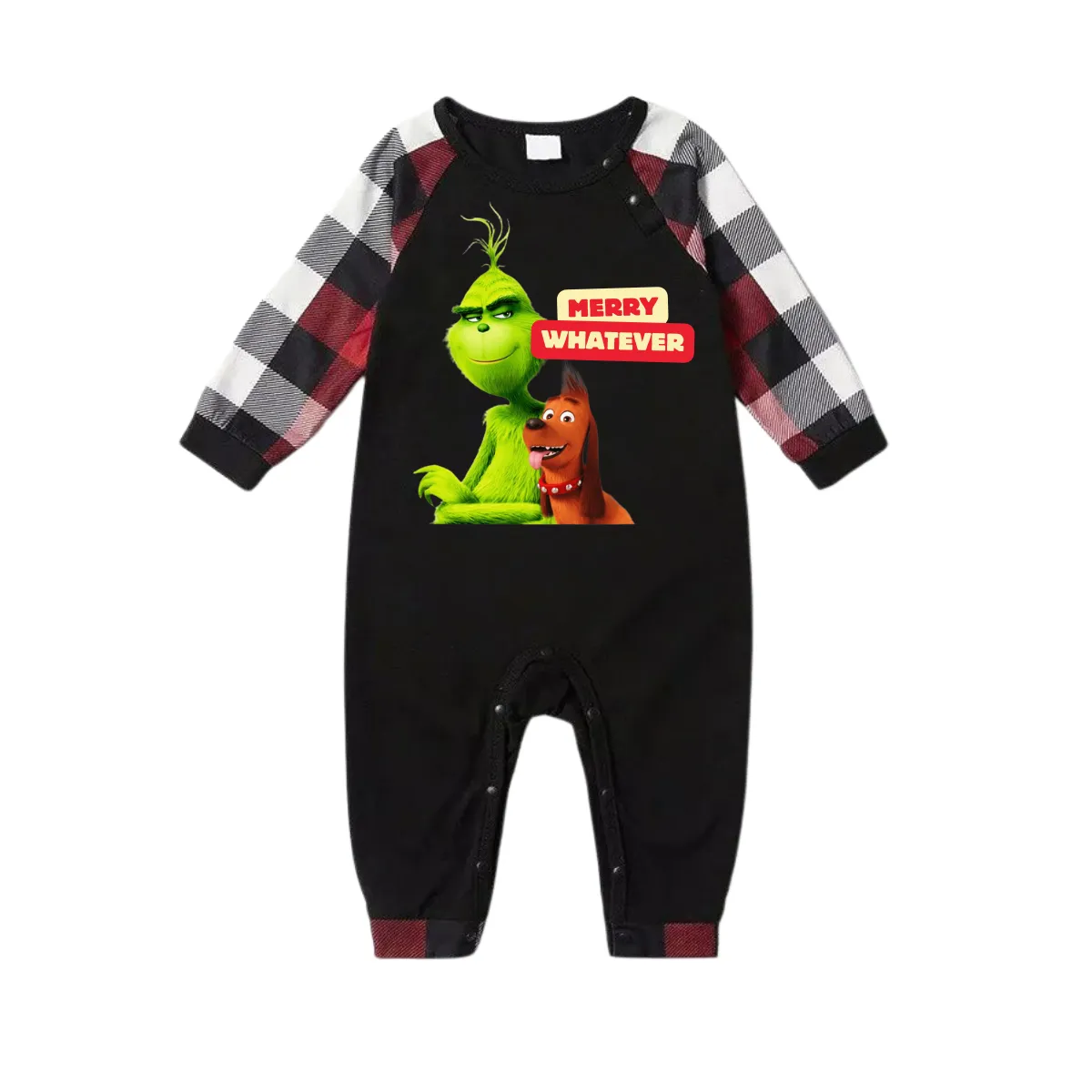 Cartoon Pattern and "Merry Whatever" Text Printed Contrast Black Top Red&Black&White Plaid Pants Family Matching Pajamas