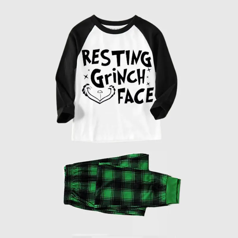 Christmas Cute Cartoon Face and Letter Print Casual Long Sleeve Sweatshirts Black Contrast Top and Black and Green Plaid Pants Family Matching Pajamas Sets