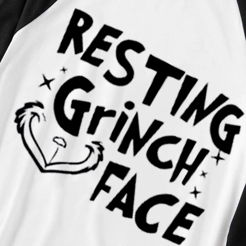 Christmas Cute Cartoon Face and Letter Print Casual Long Sleeve Sweatshirts Black Contrast Top and Black and Green Plaid Pants Family Matching Pajamas Sets