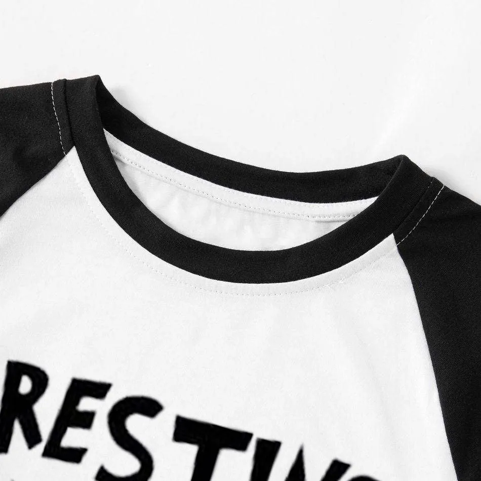 Christmas Cute Cartoon Face and Letter Print Casual Long Sleeve Sweatshirts Black Contrast Top and Black and Green Plaid Pants Family Matching Pajamas Sets