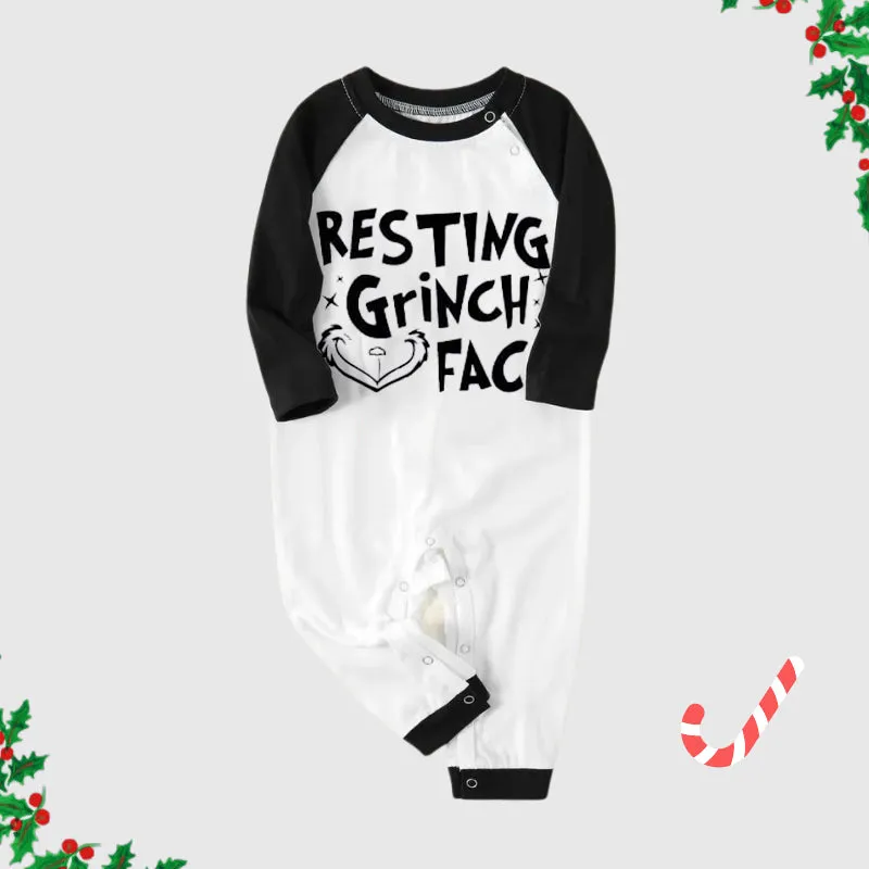 Christmas Cute Cartoon Face and Letter Print Casual Long Sleeve Sweatshirts Black Contrast Top and Black and Green Plaid Pants Family Matching Pajamas Sets