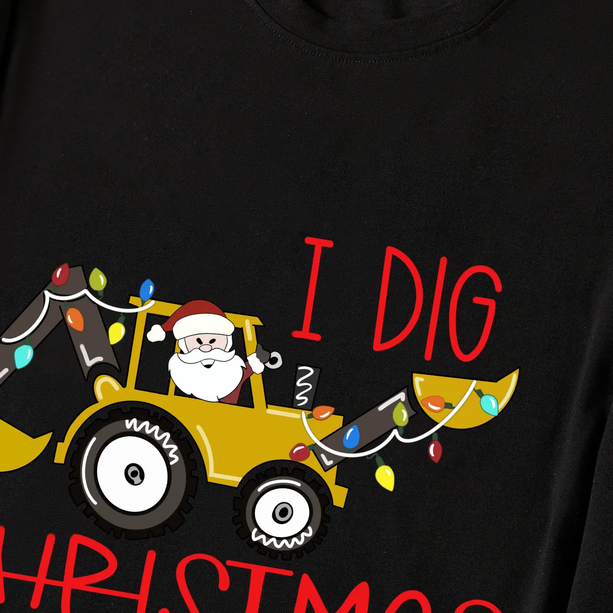 Christmas Excavator Print Black Long Sleeve Top with Green and Black Plaid Family Matching Pajamas