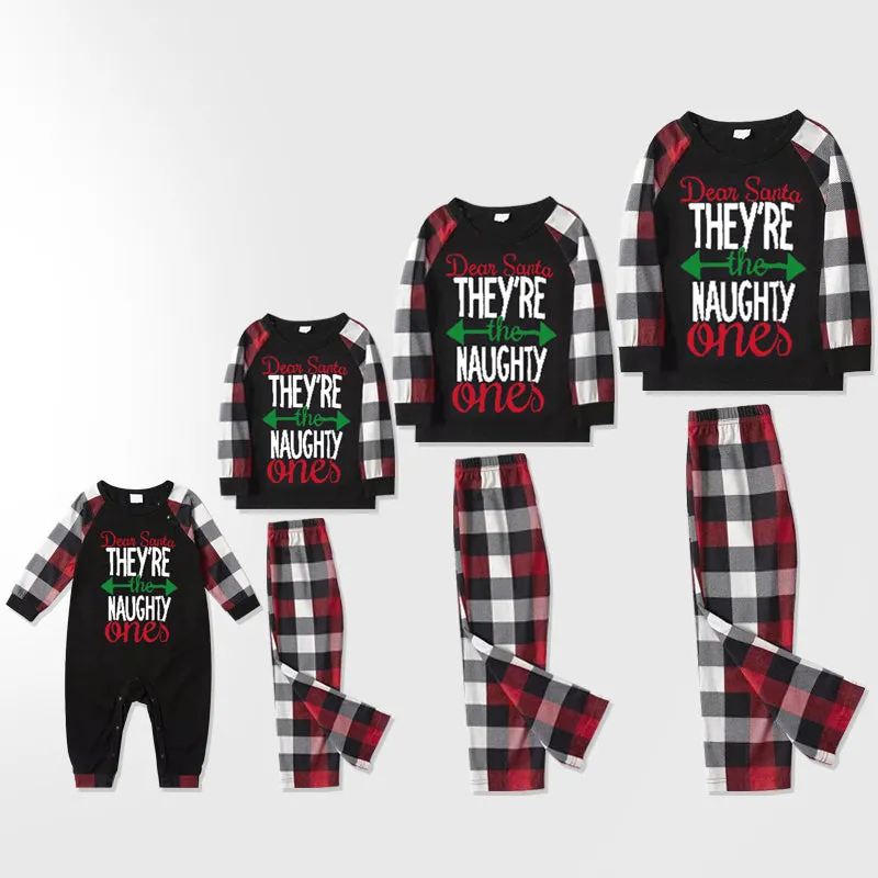 Christmas Matching Family Pajamas Letter Print Black White Plaids Pajamas Set 2023