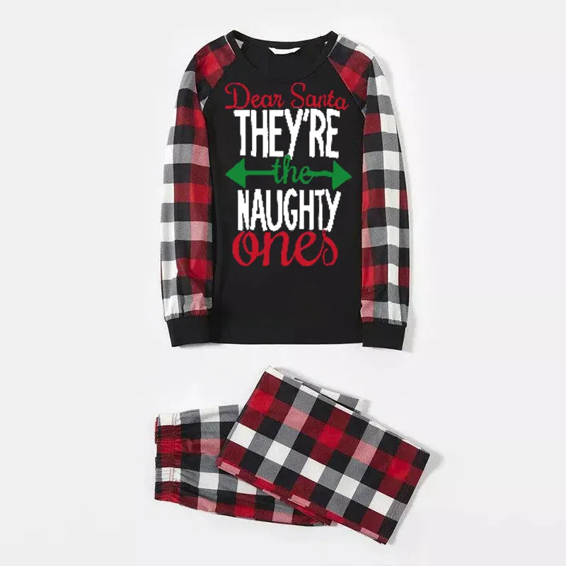 Christmas Matching Family Pajamas Letter Print Black White Plaids Pajamas Set 2023