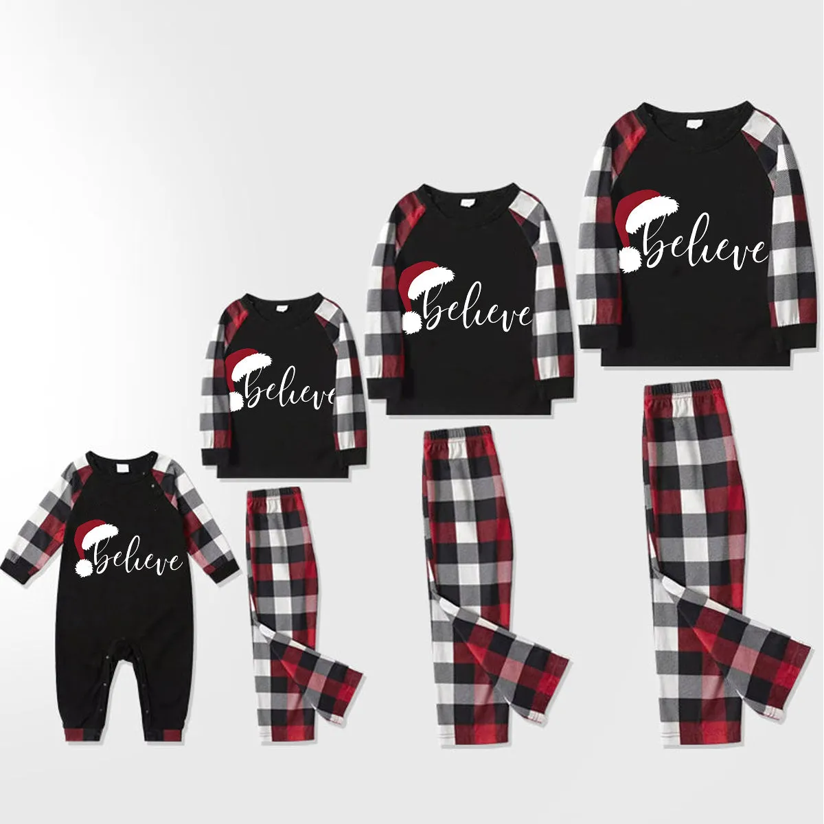 Christmas Matching Family Pajamas Letter Print Black White Plaids Pajamas Set 2023