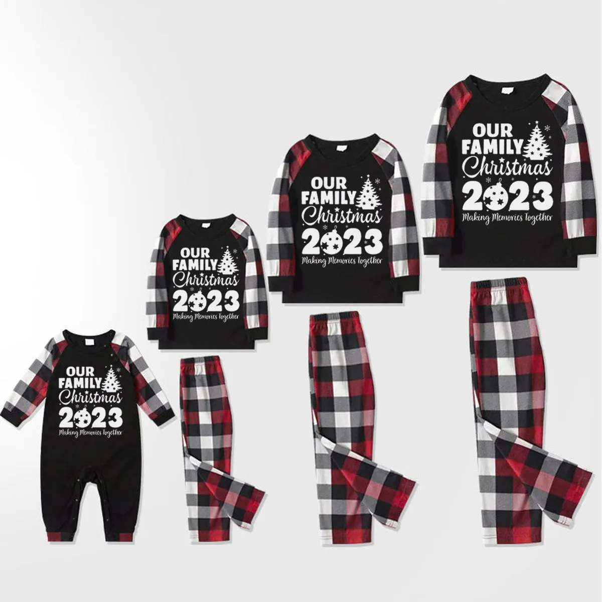 Christmas Matching Family Pajamas Letter Print Black White Plaids Pajamas Set 2023