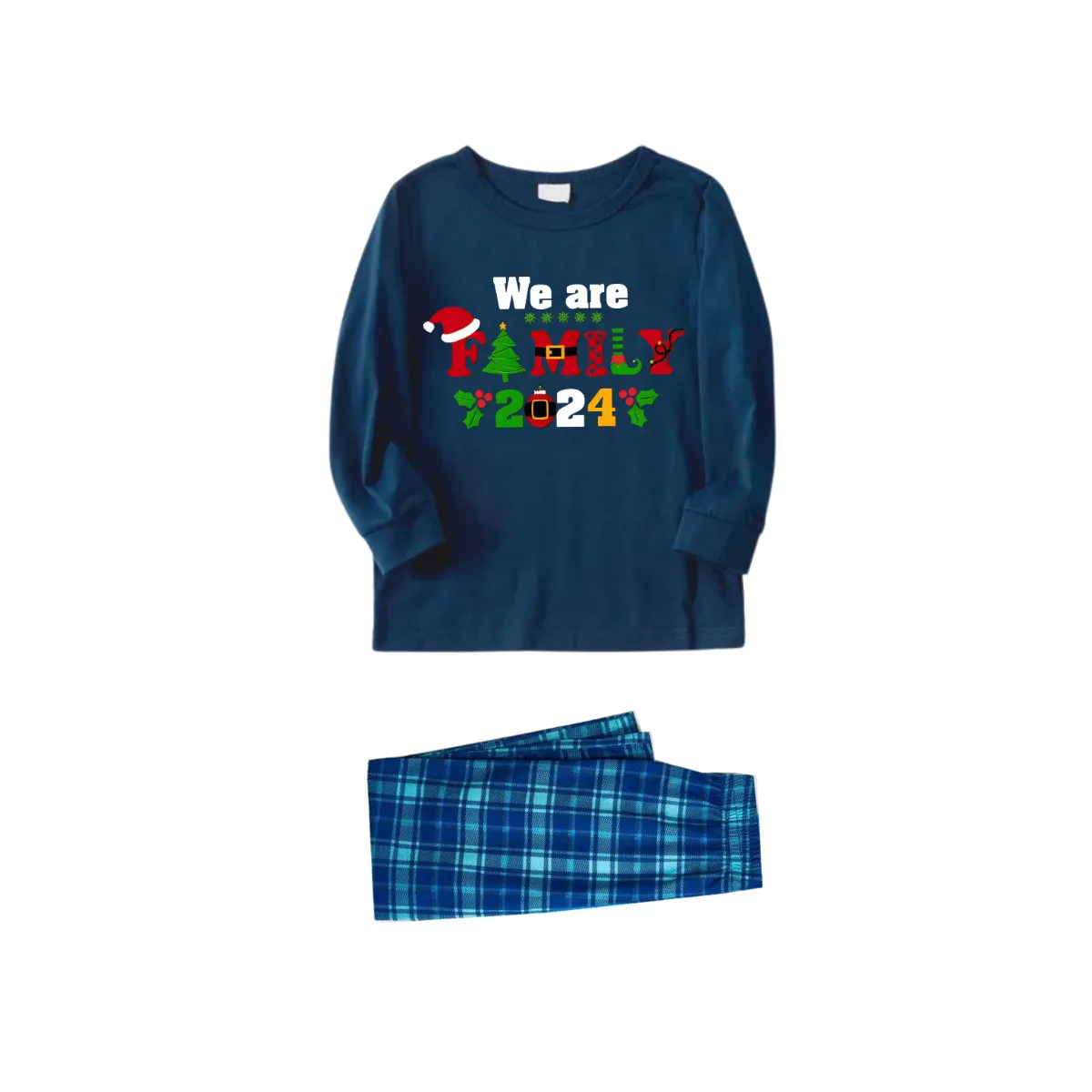 Christmas We are Family 2024 Letter Print Blue Long Sleeve Top With Blue Plaid Family Matching Pajamas