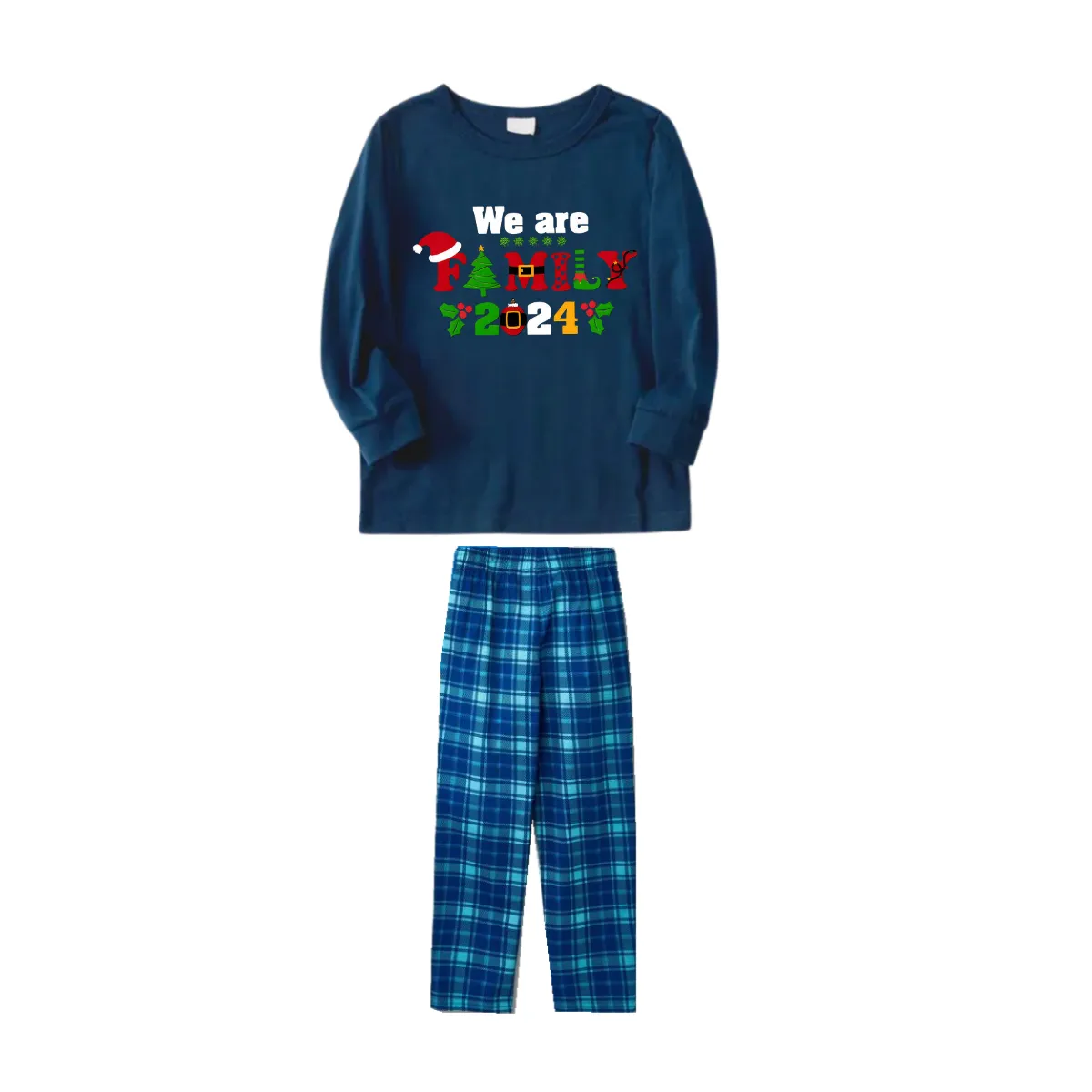 Christmas We are Family 2024 Letter Print Blue Long Sleeve Top With Blue Plaid Family Matching Pajamas