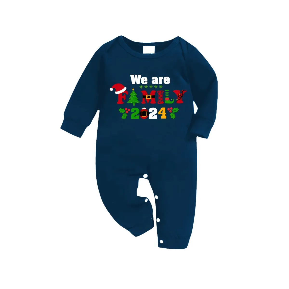 Christmas We are Family 2024 Letter Print Blue Long Sleeve Top With Blue Plaid Family Matching Pajamas