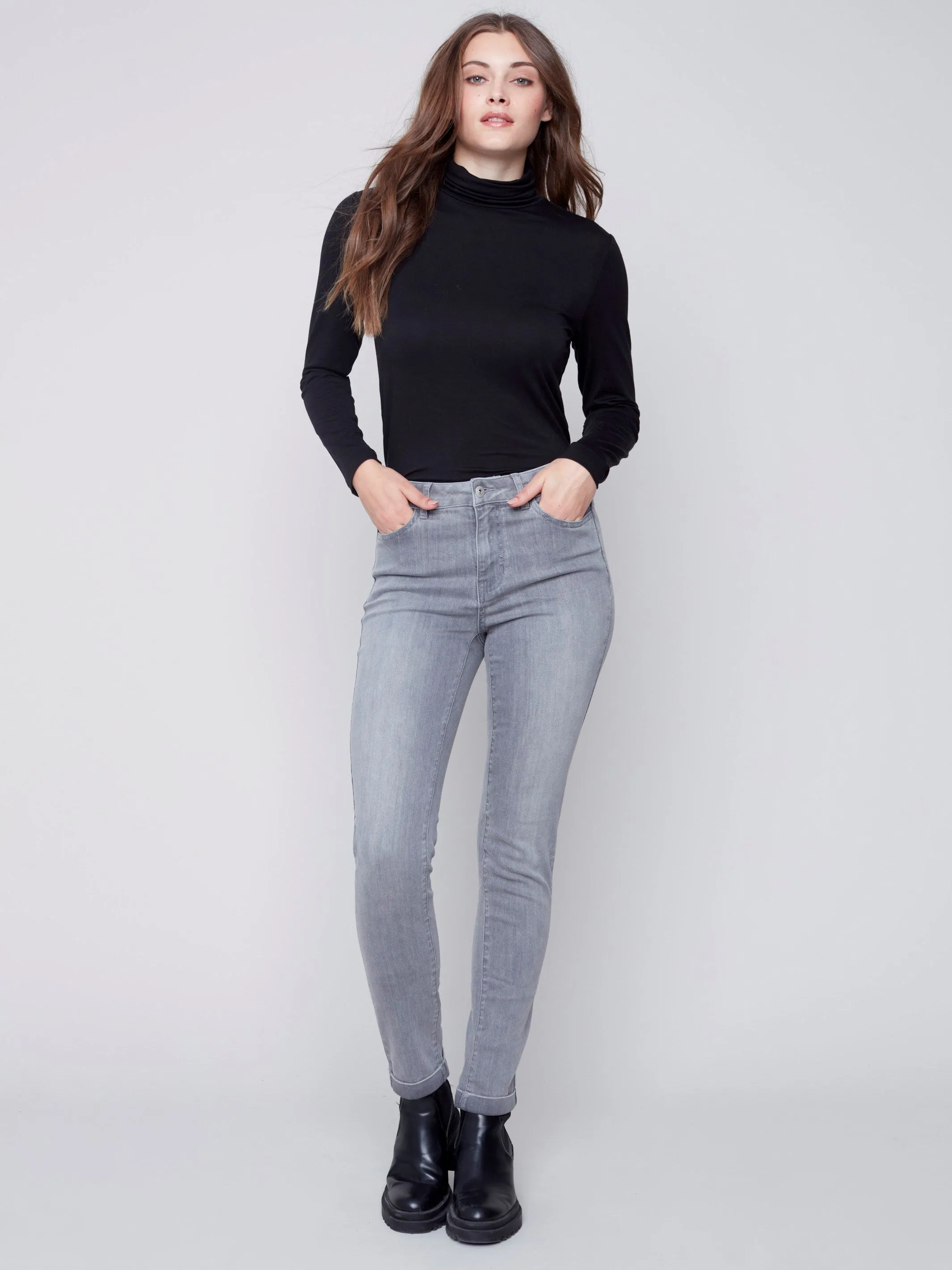 Cuffed Hem Jeans - Soft Grey
