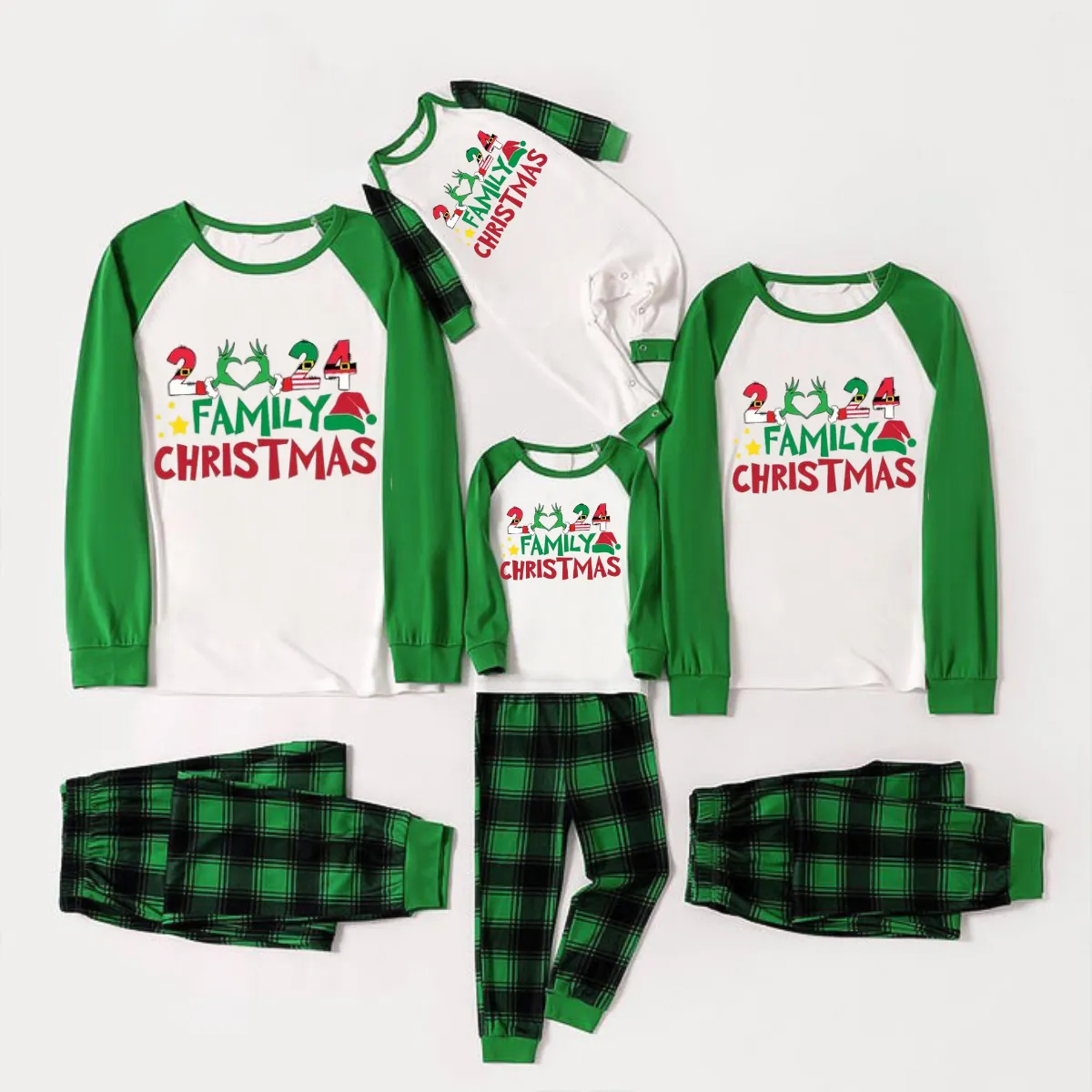 Cute Family Christmas 2024 Print Long Sleeve Top With Green & Black Plaid Christmas Matching Pajamas