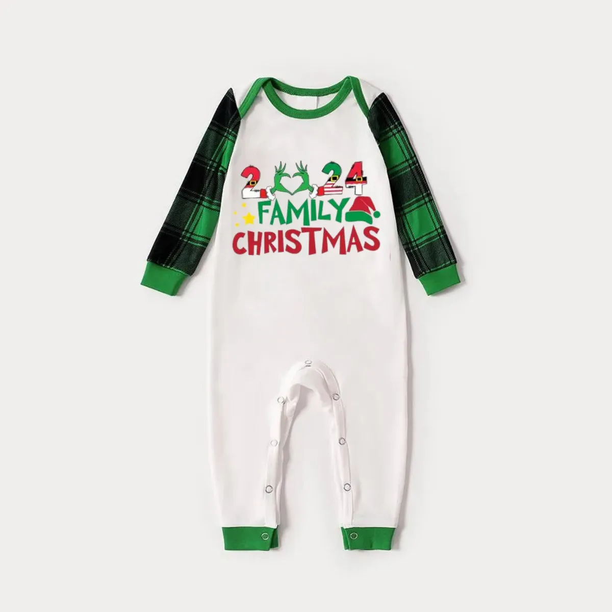 Cute Family Christmas 2024 Print Long Sleeve Top With Green & Black Plaid Christmas Matching Pajamas