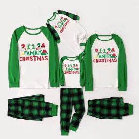 Cute Family Christmas 2024 Print Long Sleeve Top With Green & Black Plaid Christmas Matching Pajamas