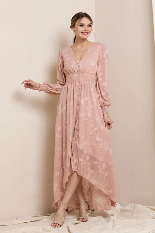 Dusty Rose Burn Out Floral Shaped High-low Maxi Dress