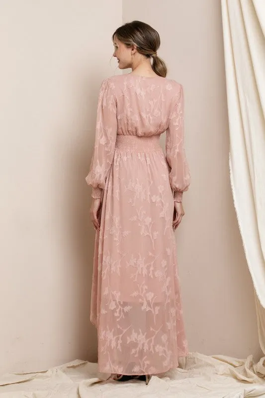 Dusty Rose Burn Out Floral Shaped High-low Maxi Dress